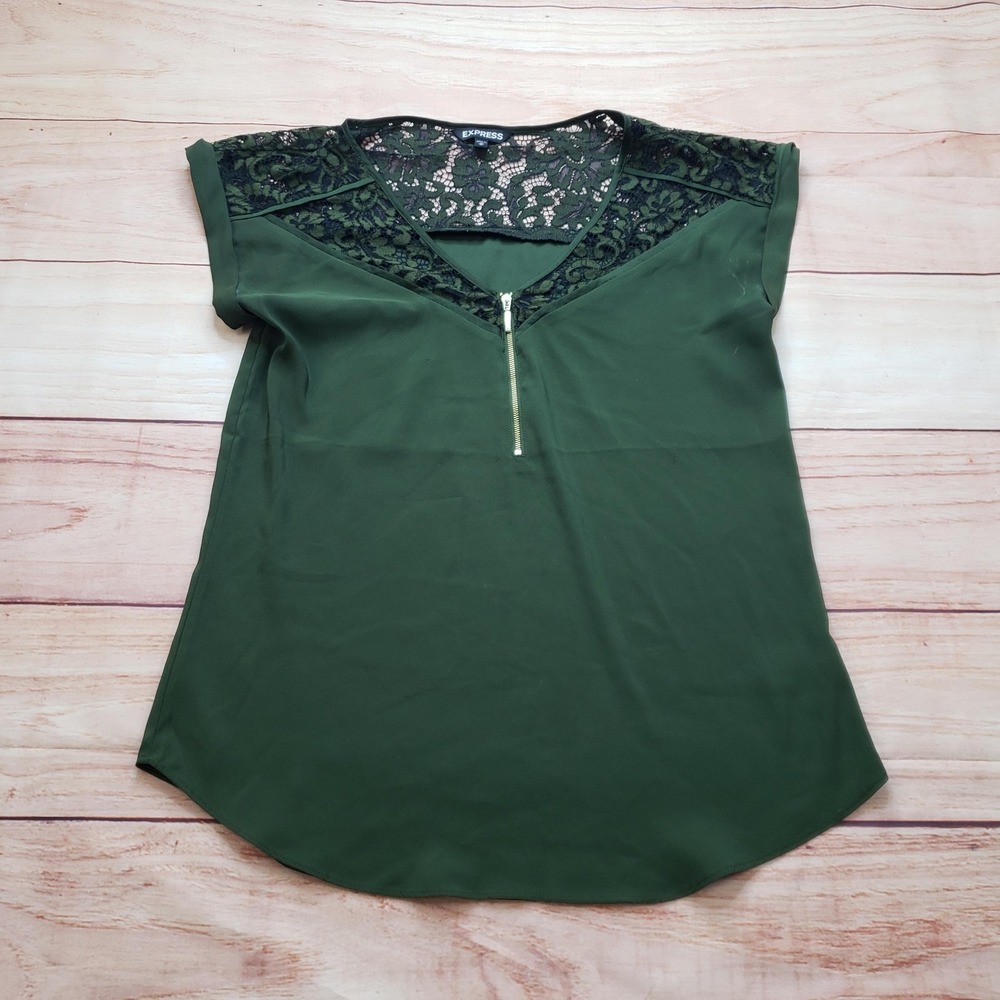 Express Blouse Womens M Green Lace V-Neck Zip Front Stretch Lightweight Ladies